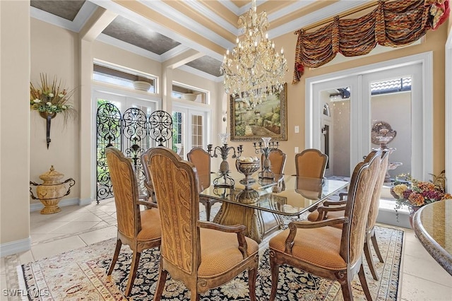 dining room featuring crown molding, french doors, light tile patterned floors, and a notable chandelier