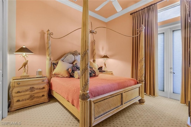 bedroom with crown molding, access to outside, light colored carpet, and a ceiling fan