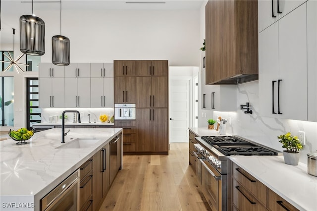 127 SW 56th Ter, Cape Coral, FL 33914 - kitchen featuring light wood-style flooring, a sink, high end stove, backsplash, and modern cabinets