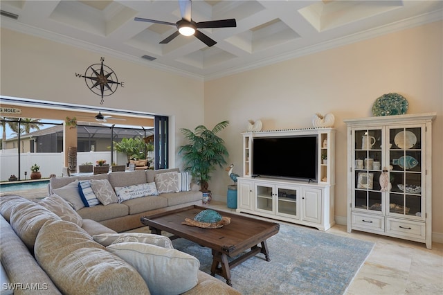 living room featuring coffered ceiling, visible vents, a towering ceiling, ceiling fan, and ornamental molding