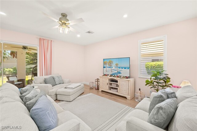 5794 Elizabeth Ann Way, Fort Myers, FL 33912 - living area featuring light wood-style floors, ceiling fan, visible vents, and recessed lighting