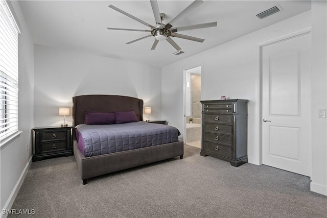 bedroom with visible vents, ceiling fan, connected bathroom, and carpet flooring