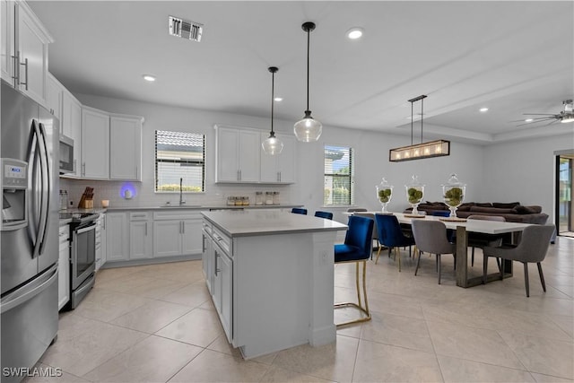 kitchen with visible vents, white cabinets, a center island, appliances with stainless steel finishes, and decorative backsplash