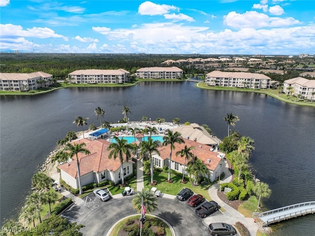 drone / aerial view with a water view