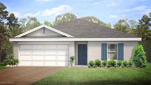 ranch-style house featuring a front yard, an attached garage, concrete driveway, and stucco siding