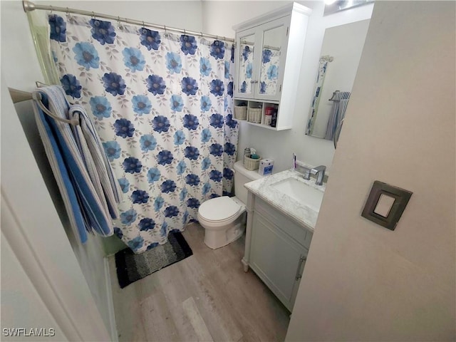 bathroom featuring toilet, a shower with shower curtain, vanity, and wood finished floors