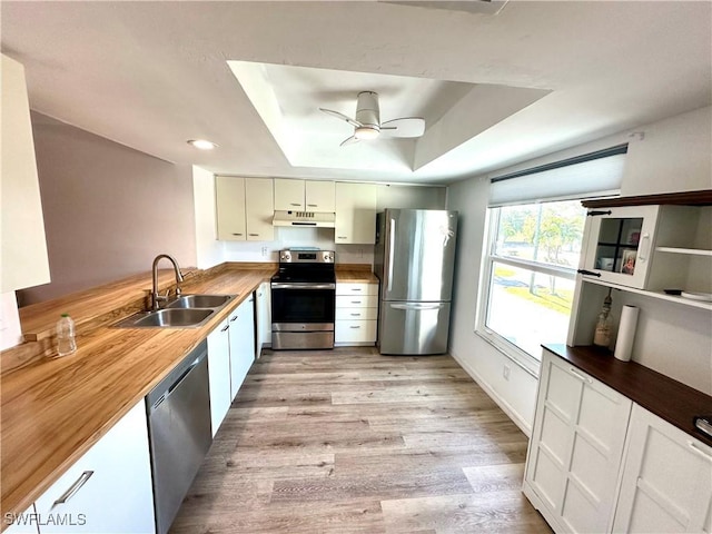 kitchen with wooden counters, a sink, stainless steel appliances, and under cabinet range hood