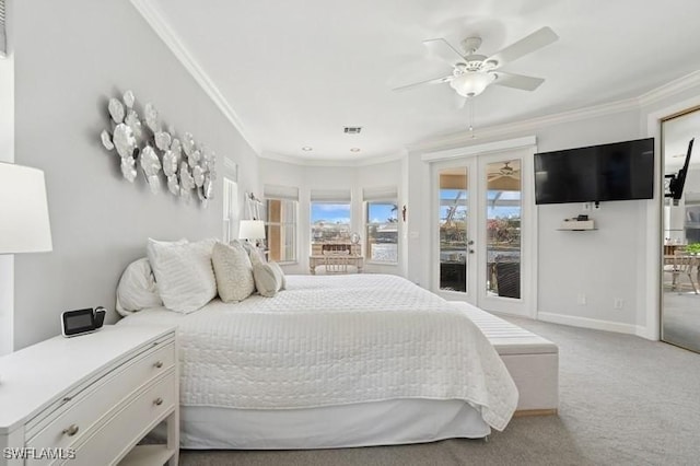 61 N Barfield Dr, Marco Island, FL 34145 - carpeted bedroom featuring access to outside, french doors, crown molding, baseboards, and a ceiling fan