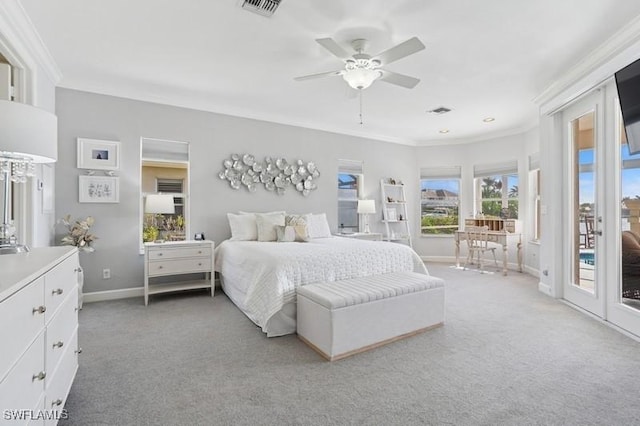 61 N Barfield Dr, Marco Island, FL 34145 - bedroom featuring access to exterior, ornamental molding, light colored carpet, baseboards, and a ceiling fan