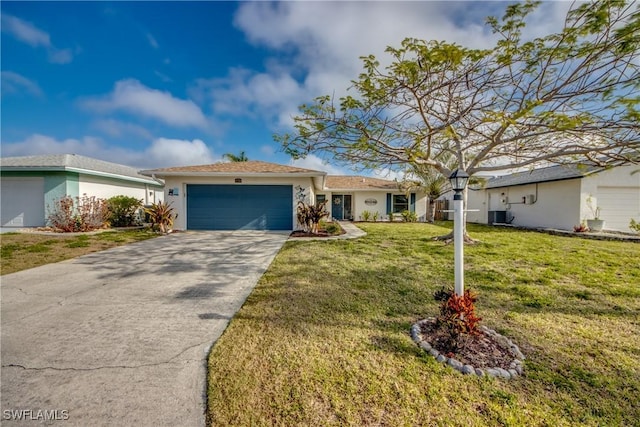 ranch-style house featuring a front yard, central AC unit, a garage, stucco siding, and driveway