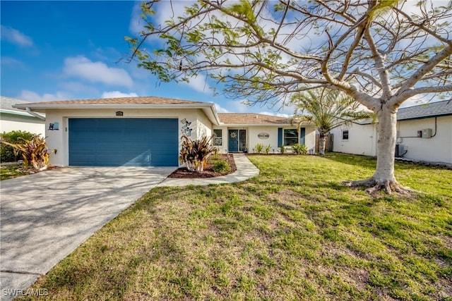 ranch-style home featuring concrete driveway, a front yard, stucco siding, and a garage