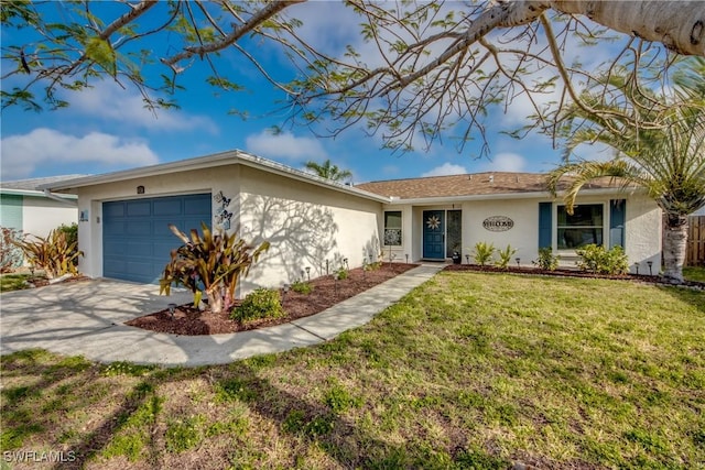 ranch-style home featuring an attached garage, driveway, stucco siding, and a front yard