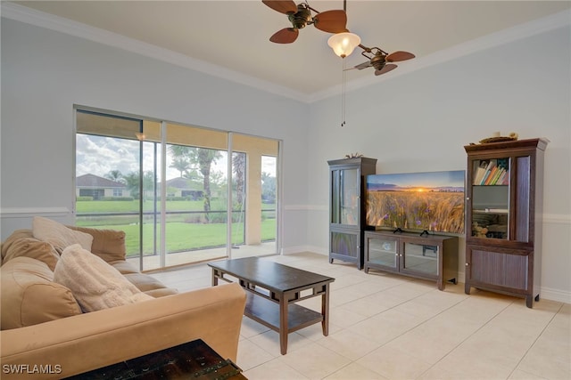2042 Mandarin Ln, Naples, FL 34120 - living room with a ceiling fan, ornamental molding, light tile patterned floors, and baseboards