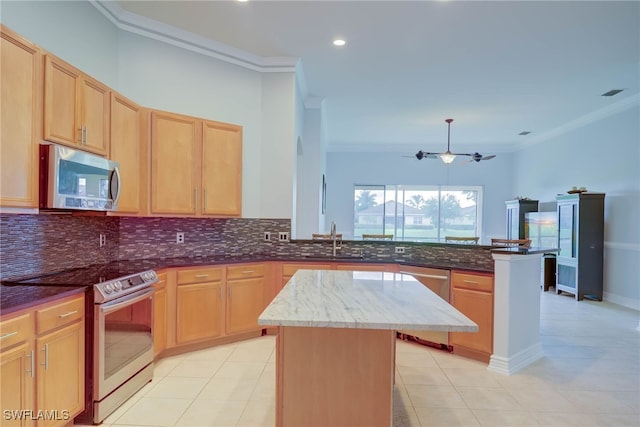 2042 Mandarin Ln, Naples, FL 34120 - kitchen featuring appliances with stainless steel finishes, a peninsula, backsplash, light brown cabinetry, and ornamental molding