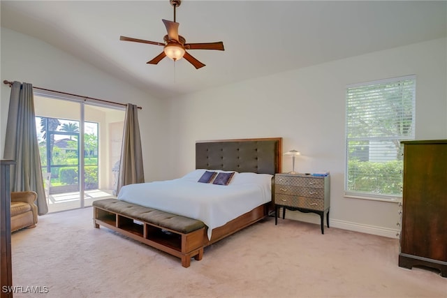 2042 Mandarin Ln, Naples, FL 34120 - carpeted bedroom featuring access to outside, vaulted ceiling, baseboards, and ceiling fan
