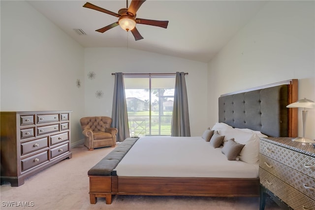 2042 Mandarin Ln, Naples, FL 34120 - bedroom featuring vaulted ceiling, access to exterior, light colored carpet, and ceiling fan