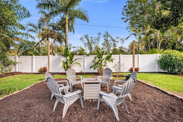 view of patio with a fenced backyard and an outdoor fire pit
