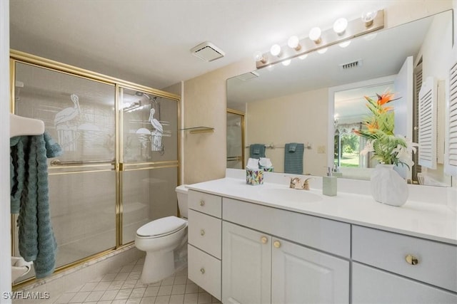 bathroom with visible vents, tile patterned flooring, vanity, toilet, and a stall shower