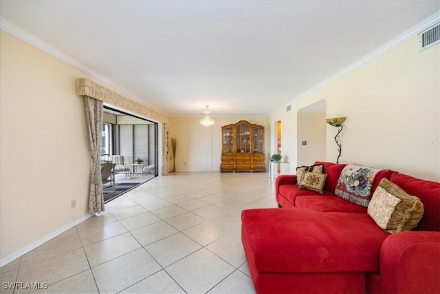living room featuring crown molding, light tile patterned flooring, baseboards, and visible vents