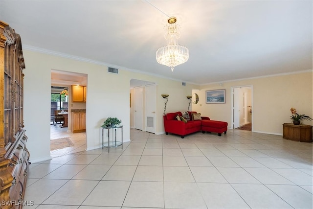 living room featuring light tile patterned floors, ornamental molding, a chandelier, and visible vents