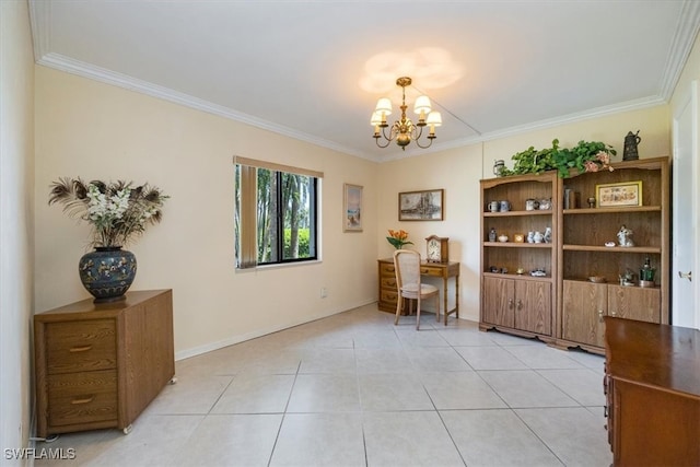 interior space with crown molding, baseboards, a notable chandelier, and light tile patterned floors