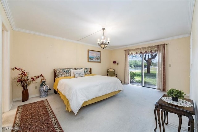 carpeted bedroom with an inviting chandelier, ornamental molding, and access to exterior