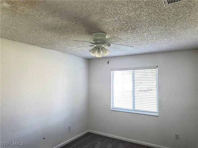 25 Estate Dr, North Fort Myers, FL 33917 - unfurnished room featuring baseboards, a textured ceiling, visible vents, dark carpet, and ceiling fan