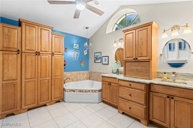 full bath featuring lofted ceiling, a sink, a ceiling fan, tile patterned flooring, and a garden tub