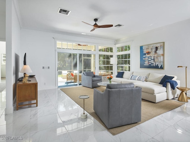 114 Amblewood Ln Unit 9-903, Naples, FL 34105 - living area featuring marble finish flooring, ceiling fan, and crown molding