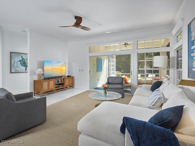 114 Amblewood Ln Unit 9-903, Naples, FL 34105 - living area featuring ornamental molding, ceiling fan, and carpet floors