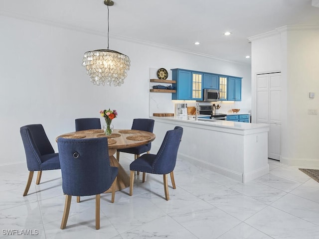 114 Amblewood Ln Unit 9-903, Naples, FL 34105 - dining space featuring light marble finish flooring, ornamental molding, a chandelier, and recessed lighting