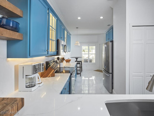 114 Amblewood Ln Unit 9-903, Naples, FL 34105 - kitchen featuring blue cabinets, appliances with stainless steel finishes, open shelves, light stone countertops, and recessed lighting