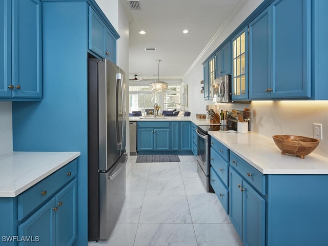 114 Amblewood Ln Unit 9-903, Naples, FL 34105 - kitchen with appliances with stainless steel finishes, light marble finish flooring, blue cabinets, glass insert cabinets, and recessed lighting