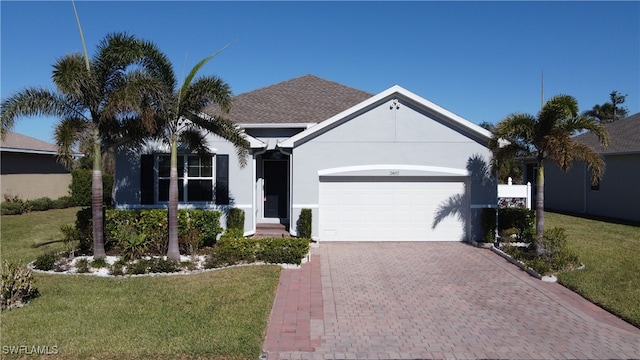 24692 Rio Villa Lakes Cir, Punta Gorda, FL 33950 - single story home with driveway, a front lawn, a garage, and stucco siding