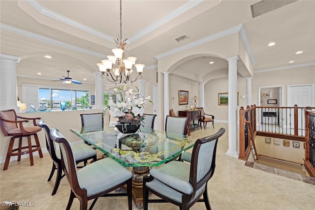 3536 Cherry Blossom Ct Unit 201, Estero, FL 33928 - dining room featuring decorative columns, a ceiling fan, light tile patterned floors, recessed lighting, and ornamental molding