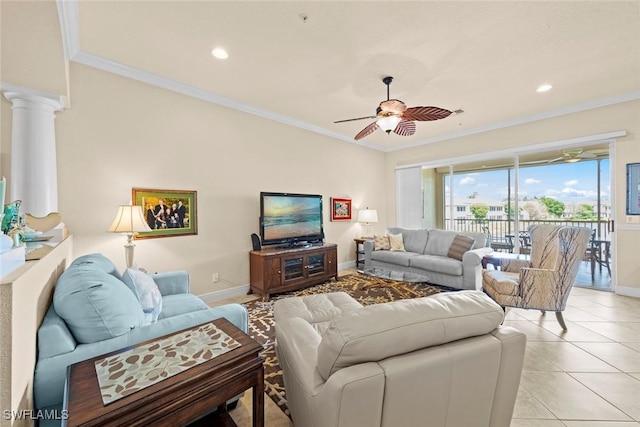 3536 Cherry Blossom Ct Unit 201, Estero, FL 33928 - living room featuring ceiling fan, decorative columns, crown molding, light tile patterned flooring, and recessed lighting