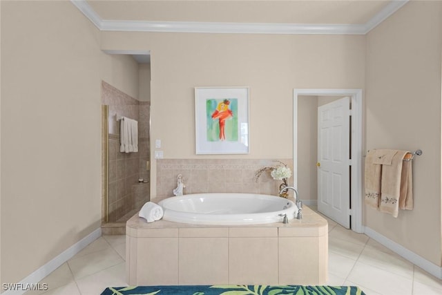 3536 Cherry Blossom Ct Unit 201, Estero, FL 33928 - full bathroom with a garden tub, tile patterned flooring, crown molding, and a stall shower
