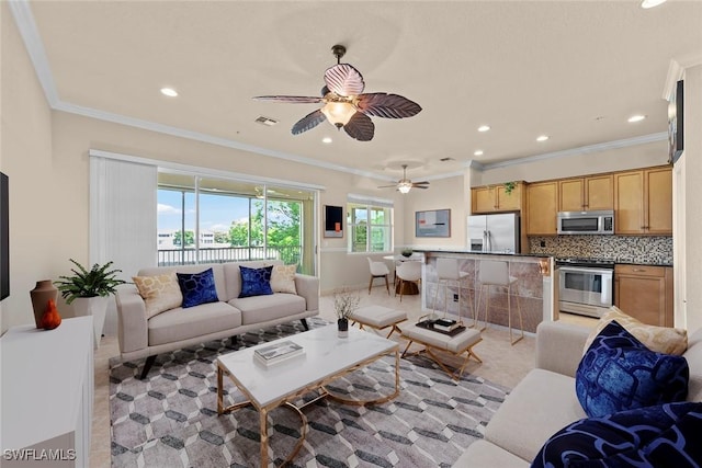 3536 Cherry Blossom Ct Unit 201, Estero, FL 33928 - living room with crown molding, recessed lighting, a ceiling fan, and light tile patterned floors