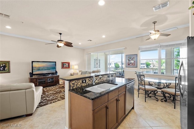 3536 Cherry Blossom Ct Unit 201, Estero, FL 33928 - kitchen featuring ceiling fan, open floor plan, stainless steel appliances, ornamental molding, and recessed lighting