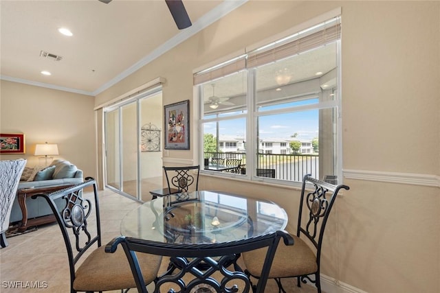 3536 Cherry Blossom Ct Unit 201, Estero, FL 33928 - dining room with ceiling fan, crown molding, light tile patterned flooring, and recessed lighting