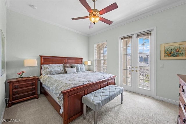 bedroom with access to outside, baseboards, light carpet, french doors, and crown molding