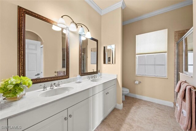 3536 Cherry Blossom Ct Unit 201, Estero, FL 33928 - bathroom featuring double vanity, ornamental molding, a shower with door, and tile patterned floors