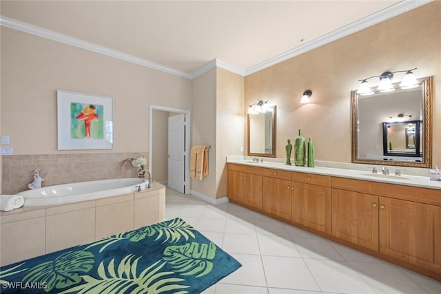 3536 Cherry Blossom Ct Unit 201, Estero, FL 33928 - full bath with double vanity, tile patterned flooring, a garden tub, and ornamental molding