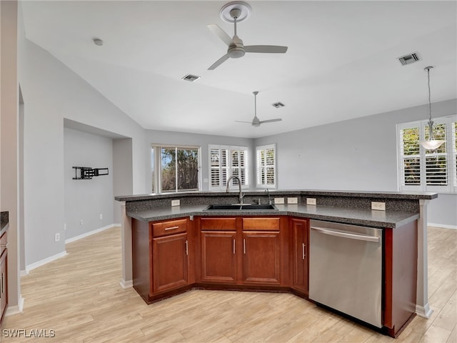 17274 Asmara Ct, Punta Gorda, FL 33955 - kitchen with dishwasher, a sink, a ceiling fan, and light wood finished floors