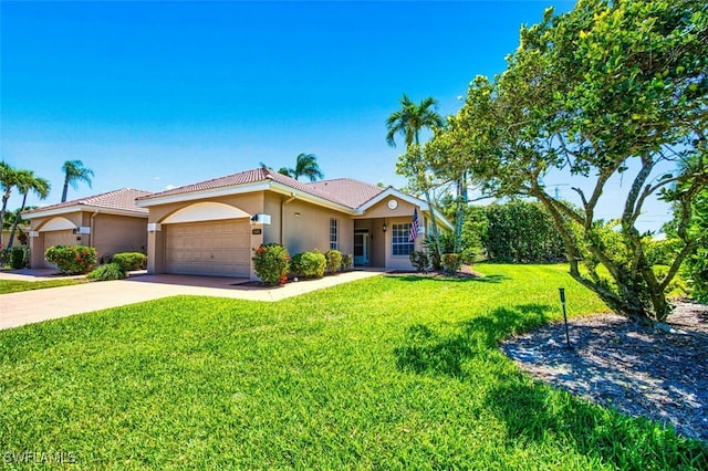 5482 Peppertree Dr, Fort Myers, FL 33908 - view of front of house with stucco siding, a front yard, a tile roof, an attached garage, and driveway