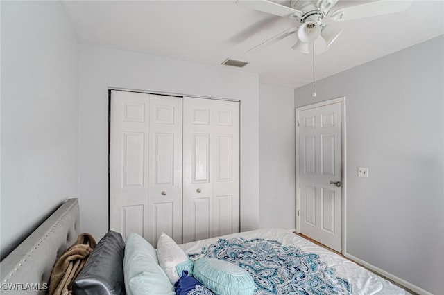 bedroom with a ceiling fan, visible vents, and a closet