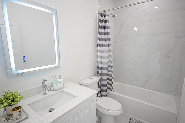 full bathroom featuring toilet, shower / bathtub combination with curtain, and vanity