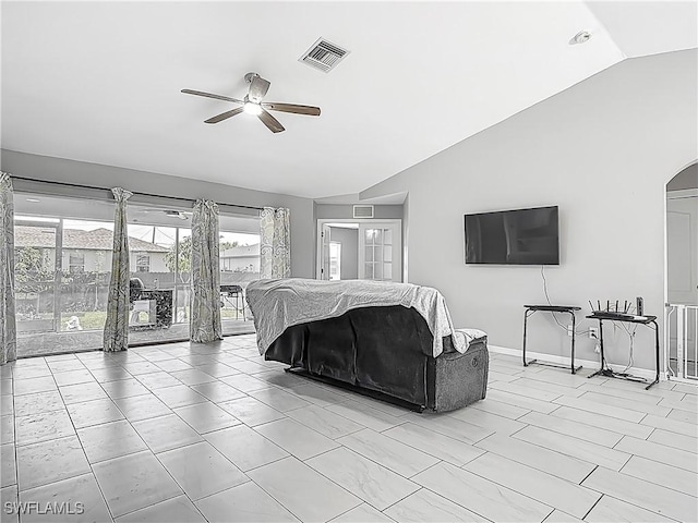 2732 NW 3rd Ter, Cape Coral, FL 33993 - bedroom featuring visible vents, baseboards, arched walkways, access to exterior, and lofted ceiling