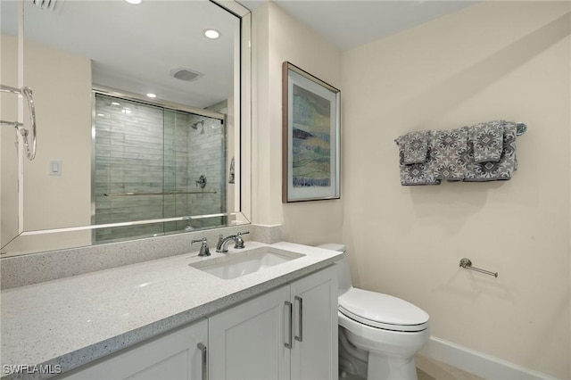 4031 Gulf Shore Blvd N Unit 3E, Naples, FL 34103 - bathroom featuring vanity, visible vents, recessed lighting, toilet, and a stall shower