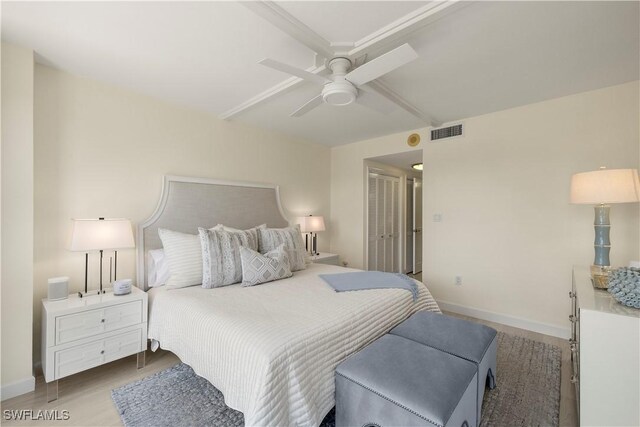 4031 Gulf Shore Blvd N Unit 3E, Naples, FL 34103 - bedroom featuring baseboards, visible vents, beam ceiling, ceiling fan, and wood finished floors